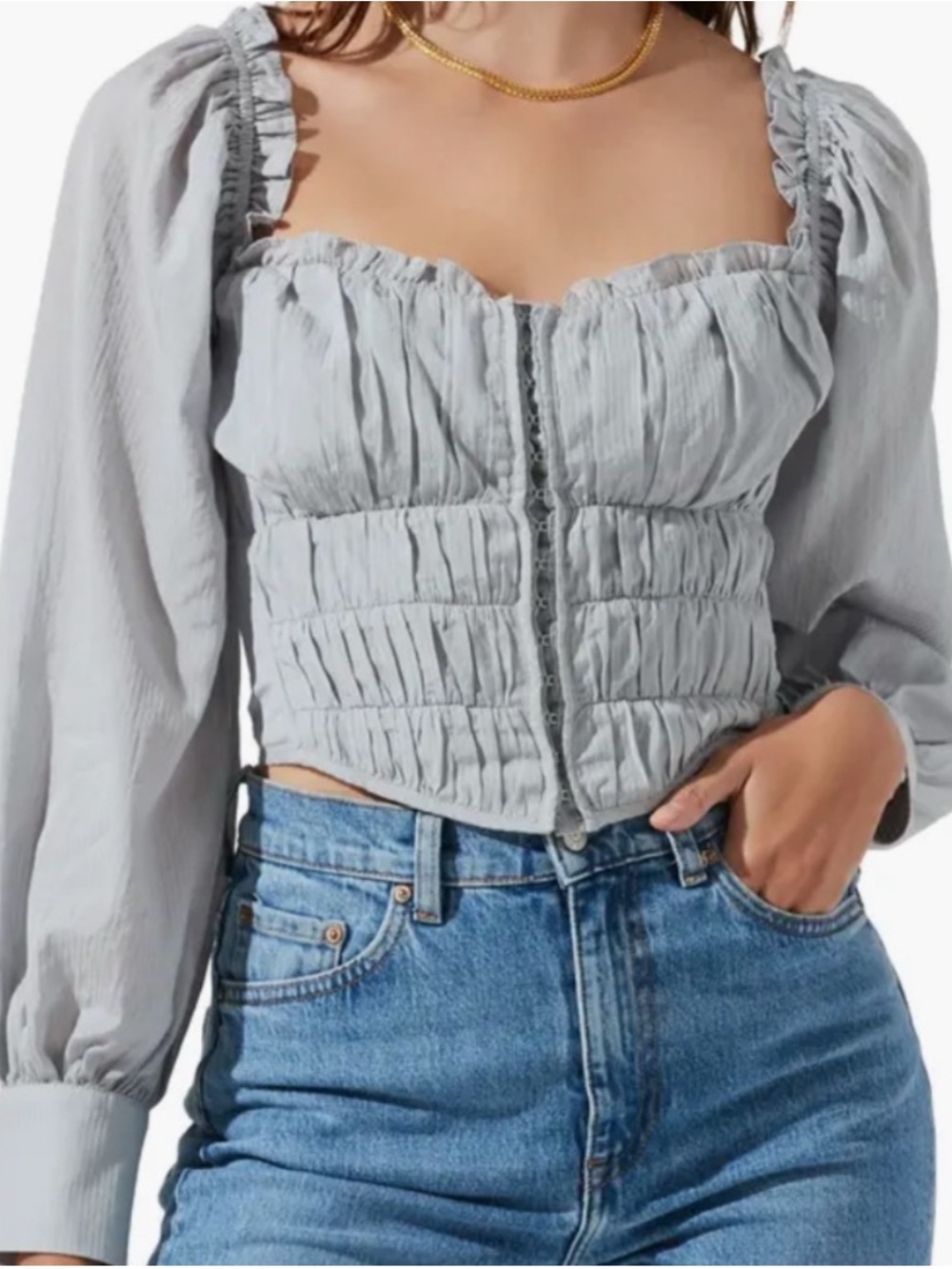 ASTR The Label dusty blue corset claspclosure puff sleeve square neck top blouse